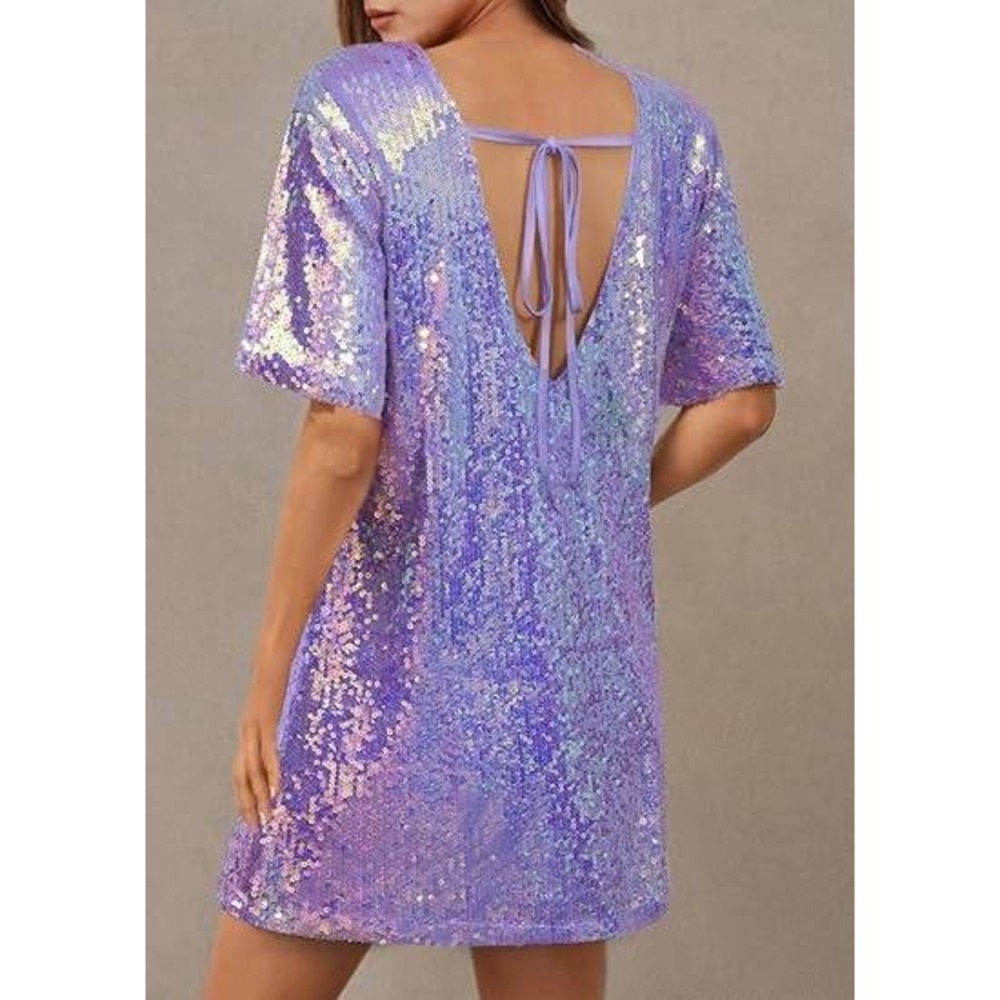 NWT Iridescent Purple Sequin Short Sleeve Mini T-Shirt Dress Glam PLUS XXL cozy